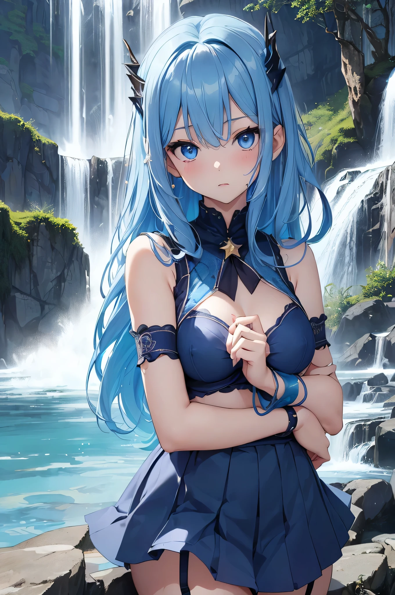 masterpiece, best quality, highres, aaaqua, long hair, blue hair, hair rings, hair ornament, choker, bare shoulders, green bow, blue shirt, detached sleeves, blue skirt, thighhighs, standing, (magic:1.2), (water:1.2), grin,show ass,naked tits