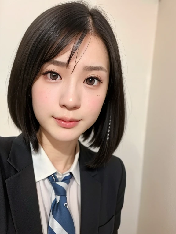 (kawaii 24 year-old Japanese girl, Nogizaka idol, Korean idol), (glossy black hair, very short hair, symmetric hair length, even hair length:1.3), (forehead), (rounded face, black eyes, single eyelid, no makeup, no expression:1.2), (wearing Japanese school uniforms, blazer jacket, collared shirt, necktie:1.3), flat chest, extra small breasts, (looking at viewer:1.2), BREAK, (simple white background:1.3), (view from straight forward, portrait,  id photo, close shot:1.3), face focus, BREAK, (masterpiece, best quality, photo realistic, official art:1.4), (UHD, 8K quality wallpaper, high resolution, raw photo, golden ratio:1.2), (shiny skin), professional lighting, physically based rendering, award winning, (perfect anatomy, highly detailed skin, extremely detailed face and eyes), Carl Zeiss 85 mm F/1.4, depth of field, 1girl, solo,
