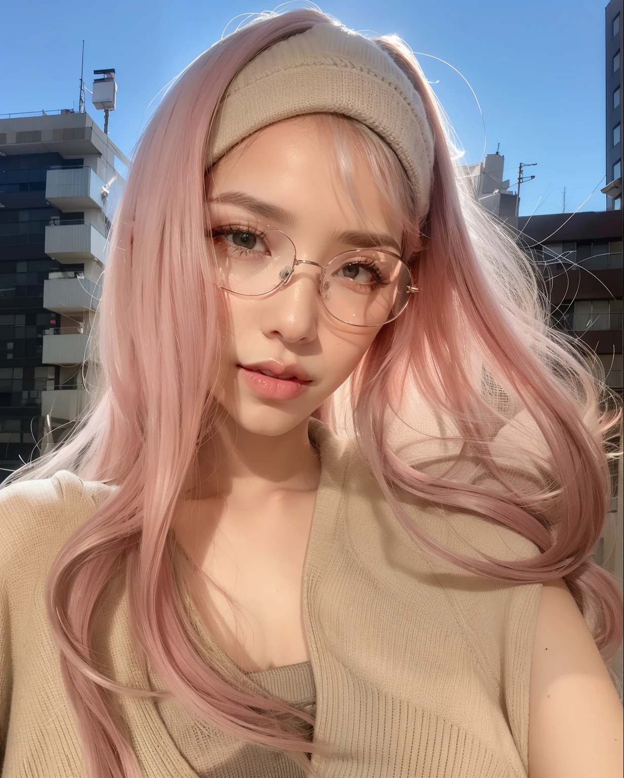 a close up of a woman con cabello rosado wearing glasses, cabello rosado que fluye, long cabello rosado que fluye, pelo muy largo rosa claro pastel, bella delfina, parece una mezcla de mugre, con cabello rosado, tono de piel rosa pastel, she parece una mezcla de mugre, parece una mezcla de mugre, cabello rosa claro, parecido a una mezcla de mugre