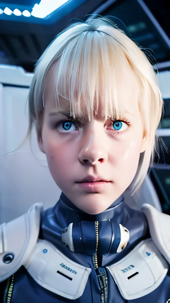 A short straight silky blonde haired sweden girl, bang, bright blue eyes, 15 years old, young, pale skin, frightened, insecure expression, Ultra high res, uhd, (photorealistic:1.4), doll-like face, in spaceship, wearing futuristic spacesuit, carrying futuristic laser gun, sweaty