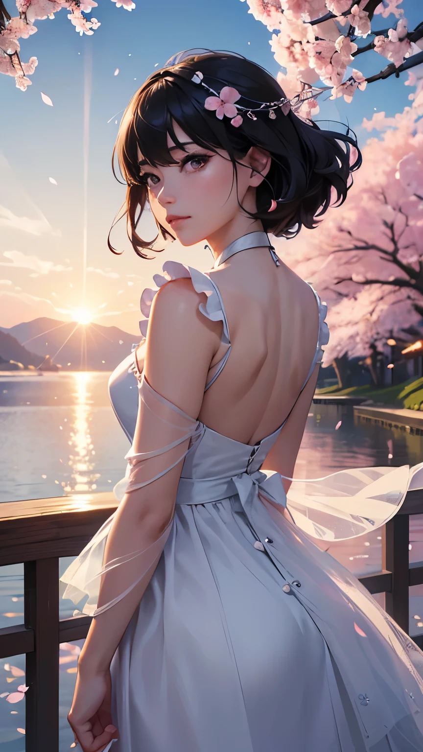 (logo、masterpiece、8K、table top、Raw photo、wonderful、最high quality、フォトリアリスティックでvery detailedな CG 統合 8k 壁紙、high quality、very detailed、Narrative poem、particle effects、dynamic effects、written boundary depth、cinematic light、Lens flare、ray tracing)、fantasy、 (1 beautiful woman、dress、dress、cherry blossom pattern、black haired、beautiful face、real face、beautiful details eyes beautiful skin)、髪がWindで踊る、Hair flutters in Wind、hair bounces、pink cherry tree、petals dance、SakuraFubuki、wonderful景色、sunrise、sun on background、Wind、