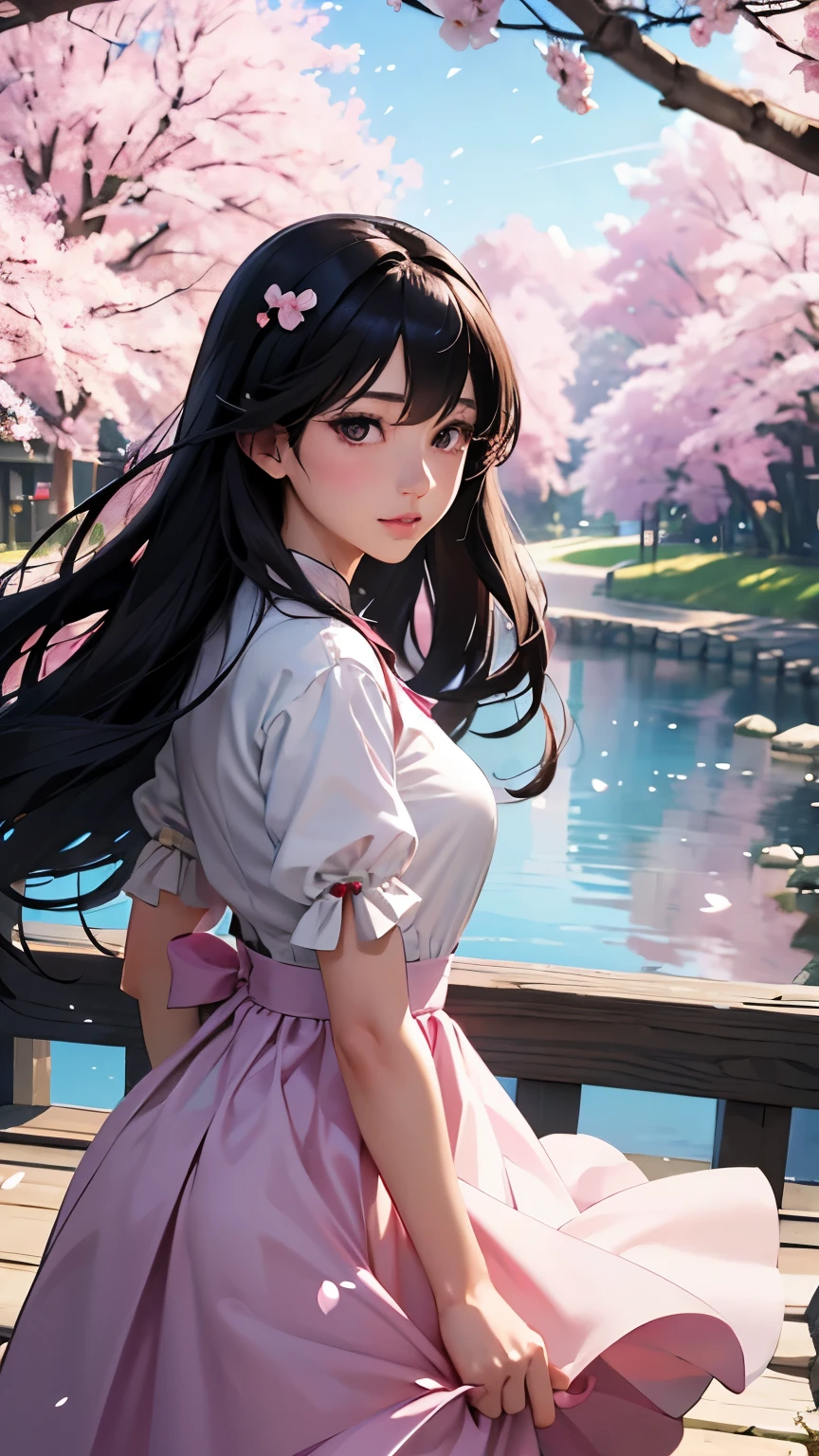 (logo、masterpiece、8K、table top、Raw photo、wonderful、最high quality、フォトリアリスティックでvery detailedな CG 統合 8k 壁紙、high quality、very detailed、Narrative poem、particle effects、dynamic effects、written boundary depth、cinematic light、Lens flare、ray tracing)、fantasy、 (1 beautiful woman、dress、dress、cherry blossom pattern、black haired、beautiful face、real face、beautiful details eyes beautiful skin)、髪がWindで踊る、Hair flutters in Wind、hair bounces、pink cherry tree、petals dance、SakuraFubuki、wonderful景色、sunrise、sun on background、Wind、