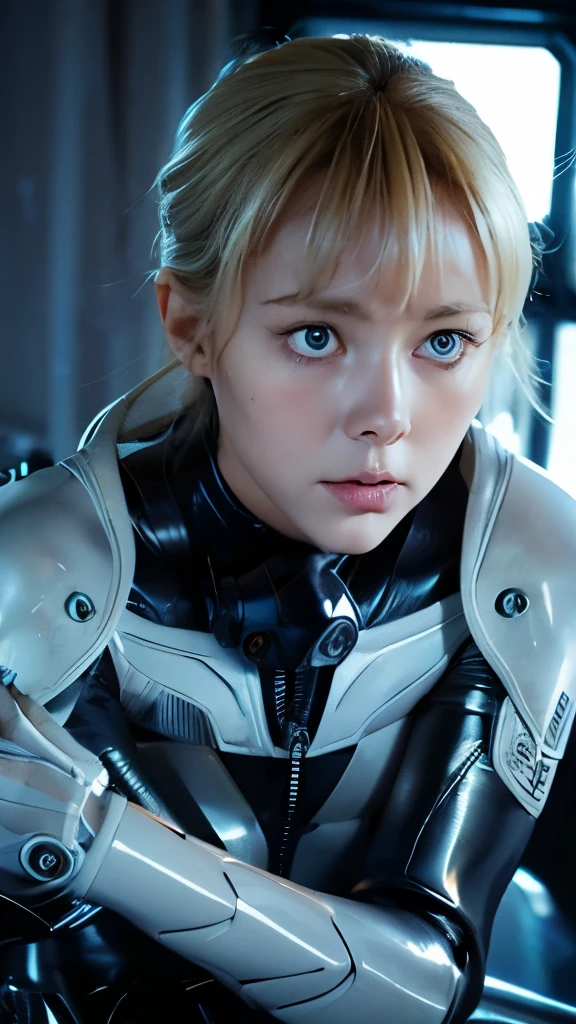 A short straight silky blonde haired sweden girl, bang, bright blue eyes, 15 years old, young, pale skin, frightened, insecure expression, Ultra high res, uhd, (photorealistic:1.4), doll-like face, in spaceship, wearing futuristic spacesuit, carrying futuristic laser gun, sweaty