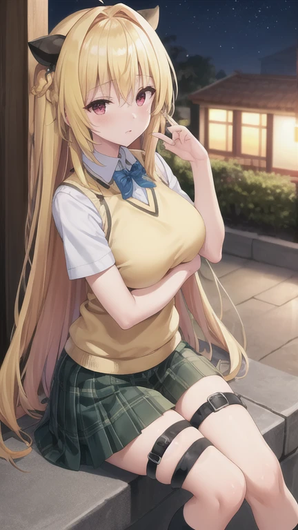 masterpiece, best quality, highres, BREAK , phyami, yamisch, long hair,hair ornament, hair between eyes, blonde hair, very long hair,red eyes,
,thigh strap, sweater vest, plaid skirt, plaid, socks, pleated skirt, skirt,
/=yaminor,etached sleeves, black dress=/
BREAK
,
, BREAK ,sleepy,old cafe terrace evening, , platinum, gold, multicolored theme, , intense angle, push- up pose,looking at viewer, breasts,