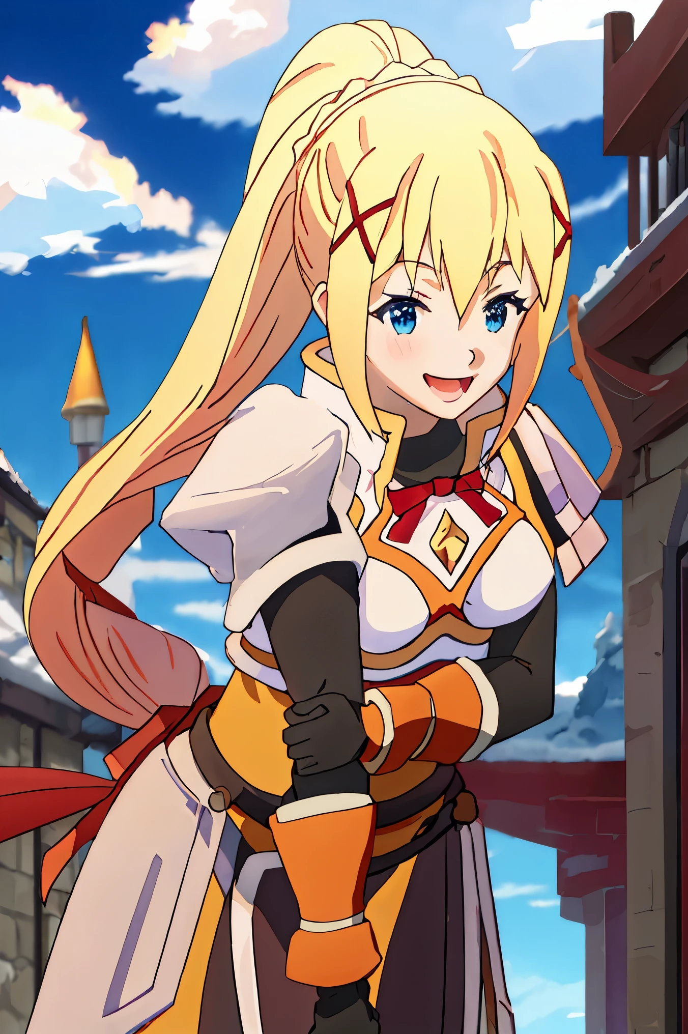 best quality, masterpiece, highres, solo, {lalatina_dustiness_ford_konosuba:1.15}, blonde_hair, long_hair, hair_ornament, x_hair_ornament, ponytail, blue_eyes, parody, open_mouth, 1girl, day, sky, smile, armor, blue_sky, cloud, gloves