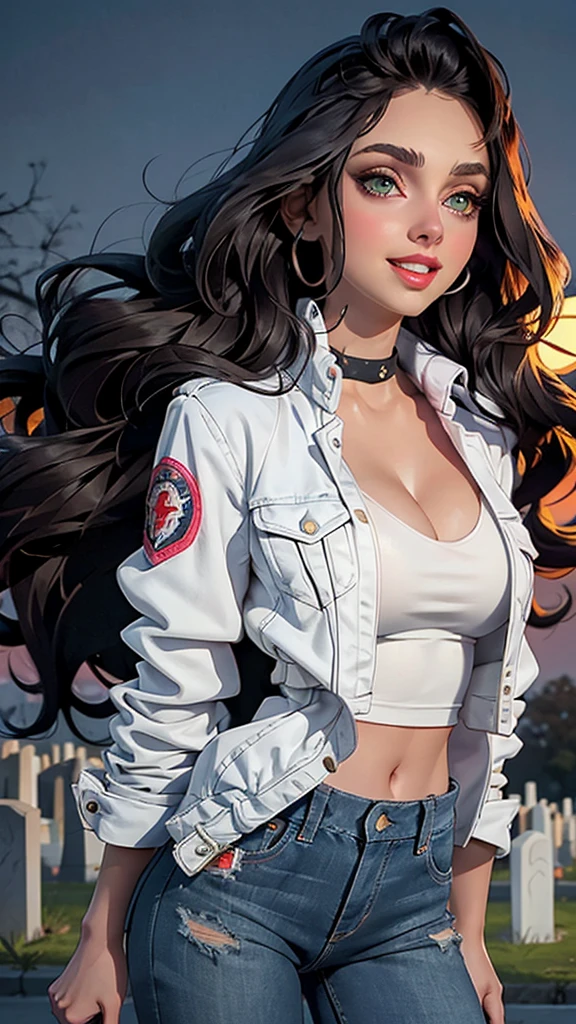 Woman, white skin, green eyes, black hair, wavy hair, straight hair, bangs, long hair, hair in the wind, cemetery at night, tight jeans, black boots, very low-cut blouse, white blouse, open jacket, red jacket, horror , great cleavage, smiling, looking at camera, red lips, athletic, bats in the sky, scary atmosphere, frontal shot. Alison Brie.
