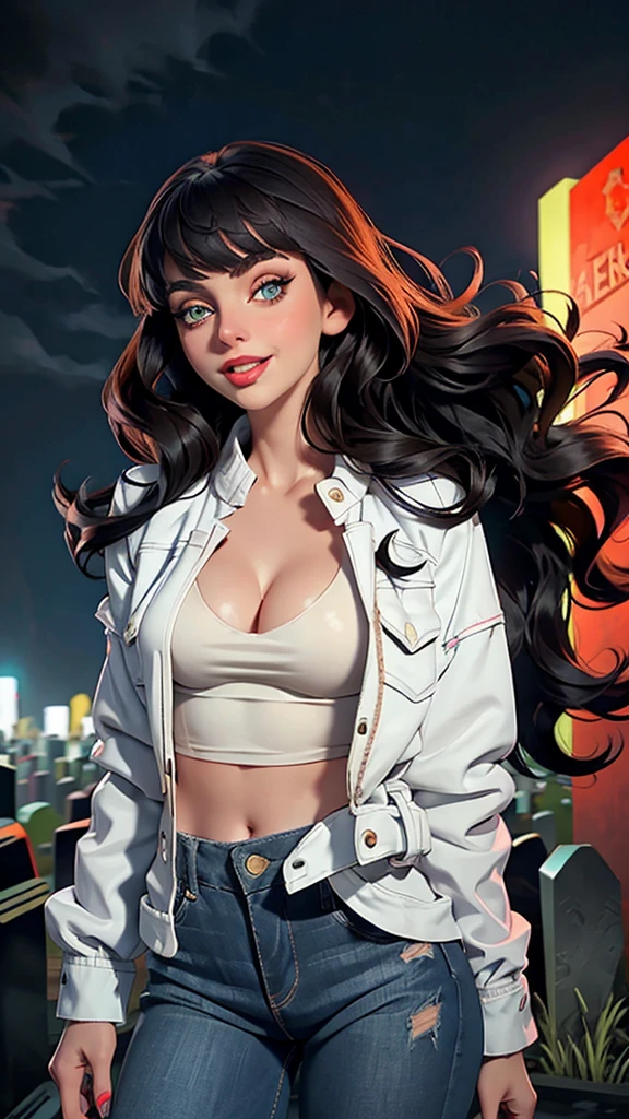 Woman, white skin, green eyes, black hair, wavy hair, straight hair, bangs, long hair, hair in the wind, cemetery at night, tight jeans, black boots, very low-cut blouse, white blouse, open jacket, red jacket, horror , great cleavage, smiling, looking at camera, red lips, athletic, bats in the sky, scary atmosphere, frontal shot. Alison Brie.
