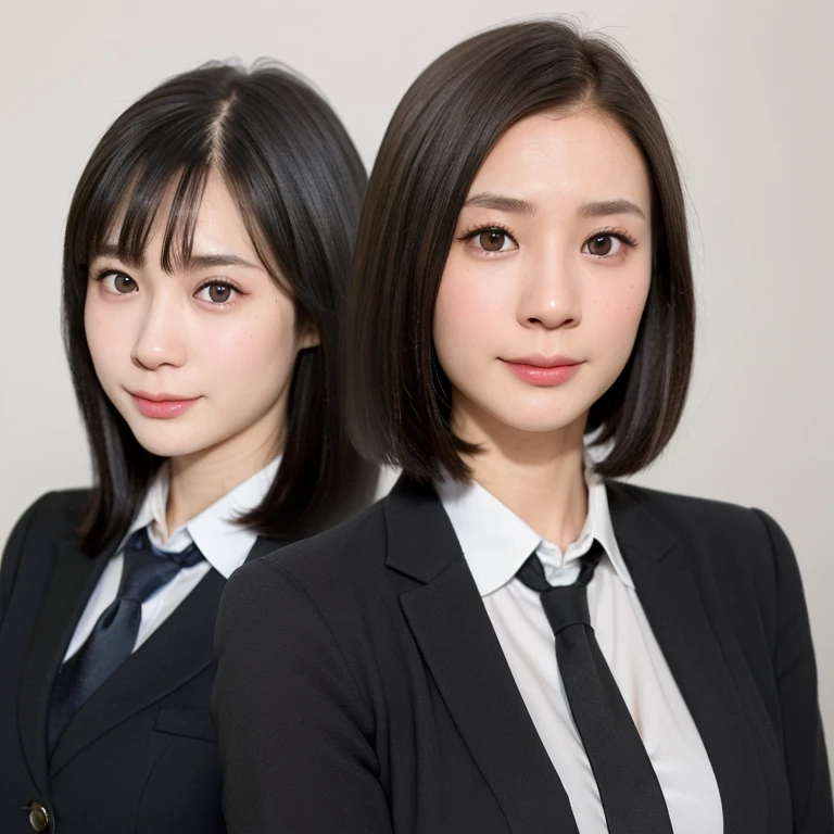 (kawaii 24 year-old Japanese girl, Nogizaka idol, Korean idol), (glossy black hair, very short hair, symmetric hair length, even hair length:1.3), (forehead), (rounded face, black eyes, single eyelid, no makeup, no expression:1.2), (wearing Japanese school uniforms, blazer jacket, collared shirt, necktie:1.3), flat chest, extra small breasts, (looking at viewer:1.2), BREAK, (simple white background:1.3), (view from straight forward, portrait, id photo, close shot:1.3), face focus, BREAK, (masterpiece, best quality, photo realistic, official art:1.4), (UHD, 8K quality wallpaper, high resolution, raw photo, golden ratio:1.2), (shiny skin), professional lighting, physically based rendering, award winning, (perfect anatomy, highly detailed skin, extremely detailed face and eyes), Carl Zeiss 85 mm F/1.4, depth of field, 1girl, solo,