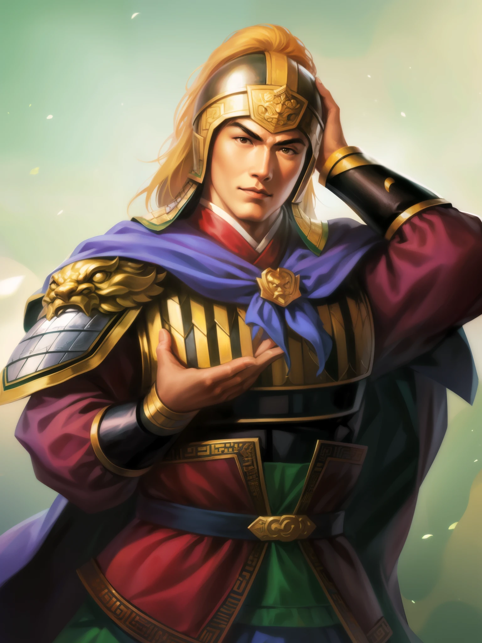 Close-up of a man in costume holding a mobile phone, zhao yun, Inspired by Huang Shen, Inspired by Li Kan, bian lian, Inspired by Fan Kuan, heise jinyao, Inspired by Shen Zhou, feng shu, Inspired by Wu Bin, Guan yu, Inspired by Zhu Lian, Inspired by Li Cheng, inspired by Guan Daosheng
