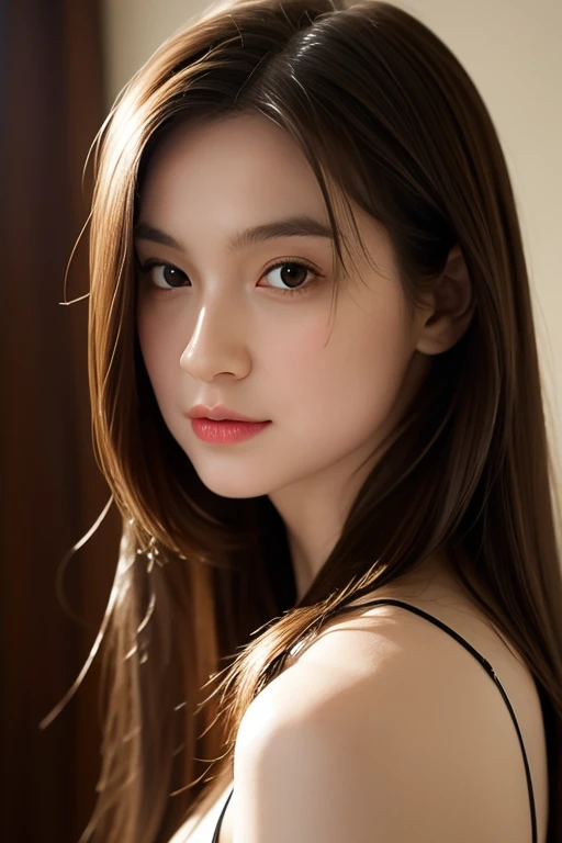 20 years old, long brown hair, slender body, perfect medium breast, masterpiece, best quality, high resolution:1.4), 1girl, purity, skin pores texture, HD , Photography, movie, cinematic, Realistic, (8k, RAW photo, best quality, masterpiece:1.2), (realistic, photo-realistic:1.33), best quality, natural lighting, depth of field, pale skin, sharp, detailed, staring at camera, innocent, chapped lips, soft natural lighting, magical photography, dramatic lighting, photo realism, ultra-detailed, Leica 50mm, Seductive pose, Seductive Look, Intimate pov, point of view,((selfie))