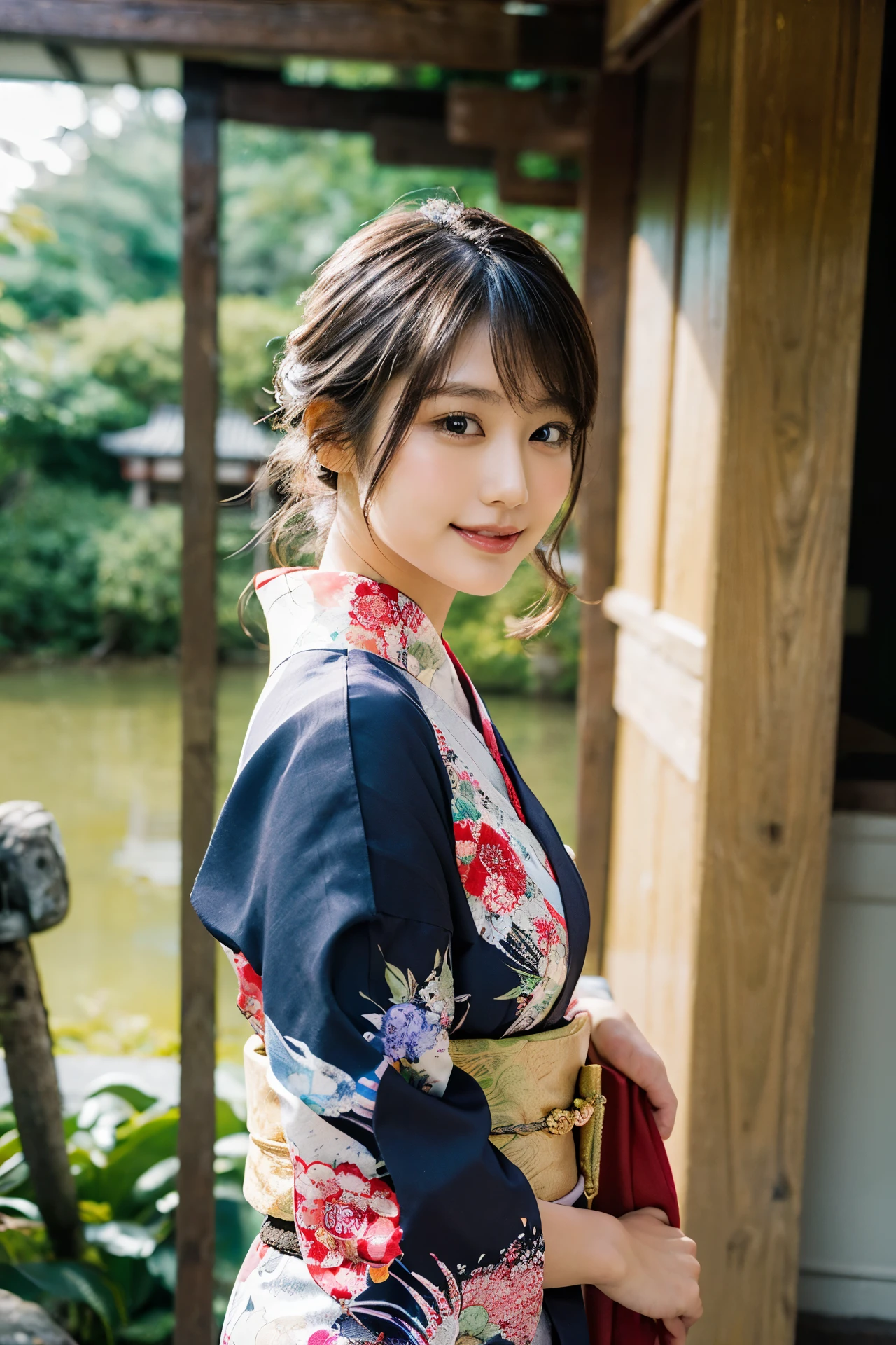 
photo, photo realistic, best quality, high quality, 8K, RAW, masterpiece, high detail, detailed face,
1girl, solo, (20 years old), black hair,
closed mouth, (smiling:0.8), gravure,
(kimono:1.2), obi, sash, japanese dress,
(gravure pose:1.2),
looking at viewer, (cowboy shot:1.2), (front view),
(Japanese Temple:1.4),

