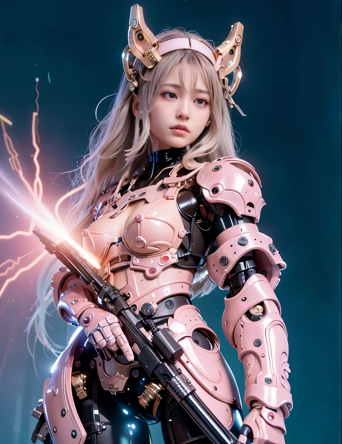(Mechanical Girl)、(Mystical expression)、top-quality、masterpiece、ultra high resolution、(Photorealsitic:1.4)、Raw photo、glowy skin、(((Mechanical Girl)))、(mechanical Bodysuit)、(Small LED)、((ultra realistic details)) ,globalillumination、Shadow、octan render、8K、ultrasharp、Colossal tits、Raw skin exposed in the cleavage, Details of complex ornaments、Japan details、highly intricate detail、Realistic light、CG Society Trenlow Eyes、Eyes shining towards the camera、Mechanical marginal blood vessels connected to neon detail tubes)、Small LED、,Mechanical thighs、Toostock、(Hands are also made of machines.traces on the cliff),