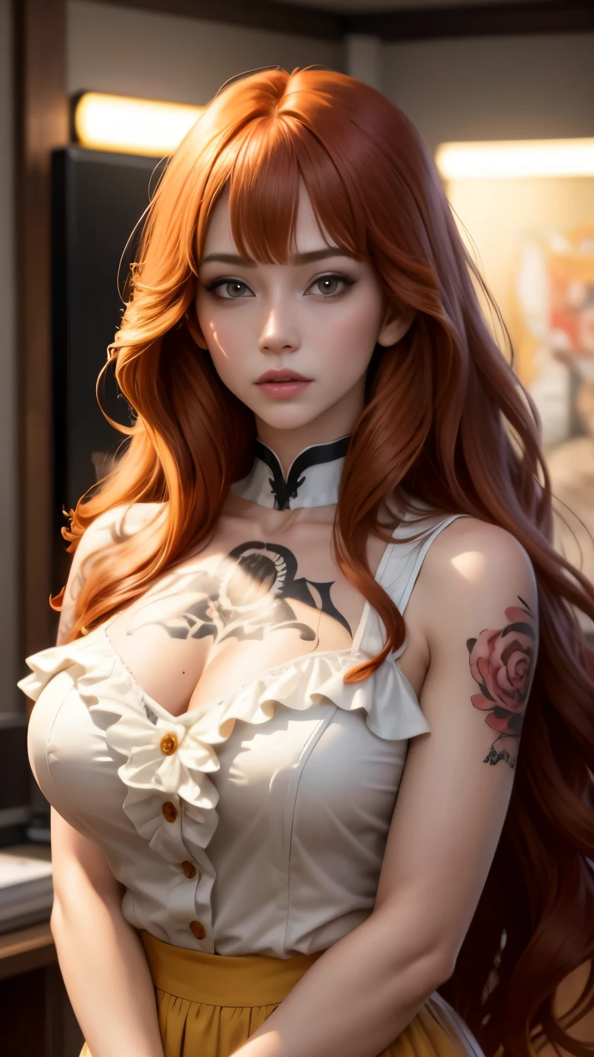 portrait of, redhead, yellow-white eyes, long hair, redheadの髪, wavy hair, bangs, background golden hour, null, to the chest, White blouse with ruffles, race, neck tattoo, tv tattoo