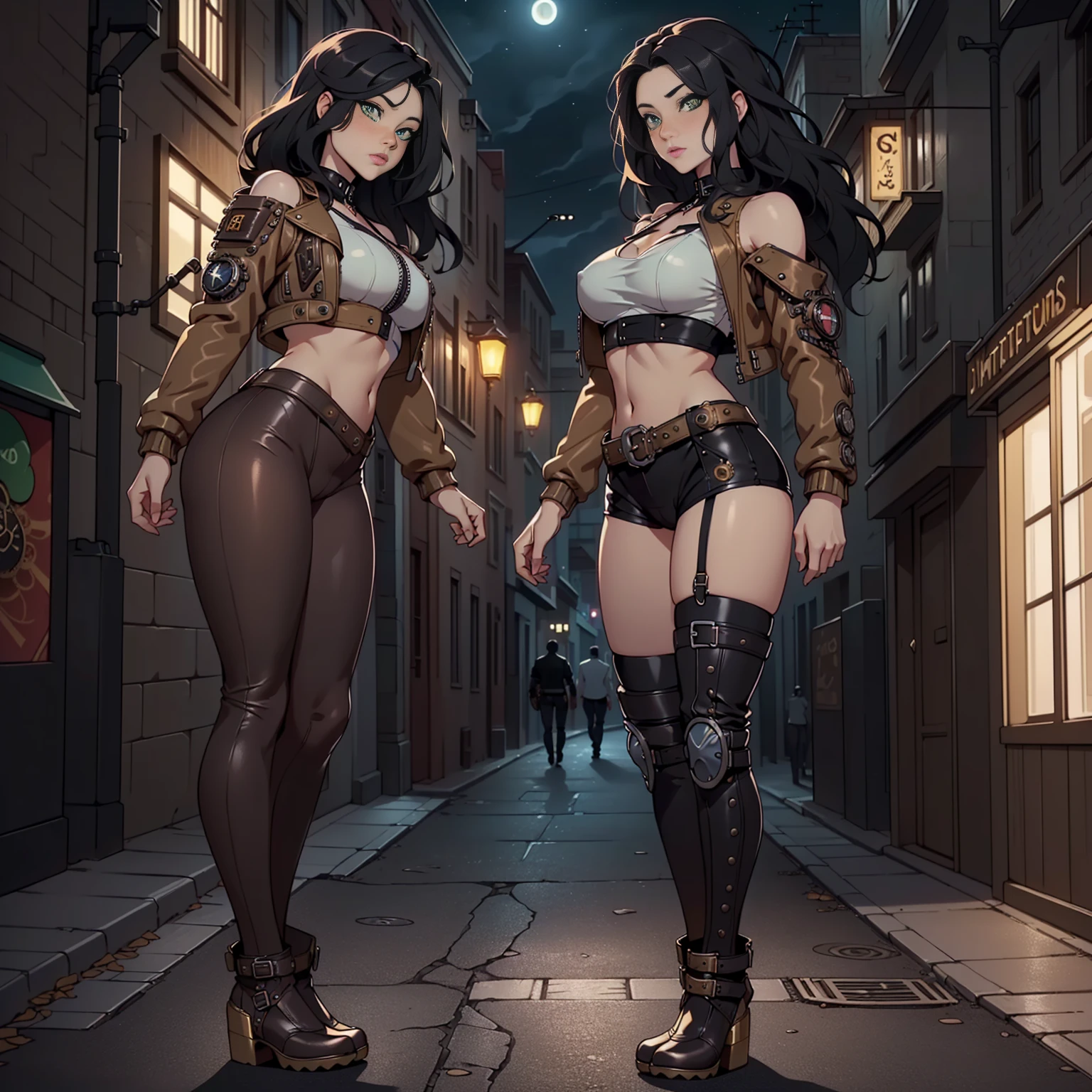 ((deep in the night, Need, 8K, tmasterpiece:1.3)),(realisticlying:1.4),RAW photogr,figure portrait,Very wide lens,closeup cleavage, (True skin texture:1.3), (filmgrain:1.3), Focalors:1.2, perfect figure beautiful woman:1.4, ((Long dark black bright hair, green eyes, mid tit:1.2 )), ((white crop top:1.4)(short color leather jacket) , cropped shoulders,color steampunk trausers, standing on your feet:1.2), ((steampunk city night scene, )), Highly detailed facial and skin texture, detailed, full body view, very tight clothes detailing every part of body breasts and cameltoe.
