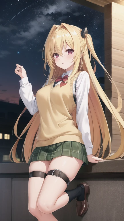 masterpiece, best quality, highres, BREAK , phyami, yamisch,  long hair,hair ornament, hair between eyes, blonde hair, very long hair,red eyes,
  ,thigh strap, sweater vest, plaid skirt, plaid, socks, pleated skirt, skirt,
/=yaminor,etached sleeves, black dress=/
BREAK
,
, BREAK ,sleepy,old cafe terrace evening, , platinum, gold, multicolored theme, , intense angle, push- up pose,looking at viewer, breasts,