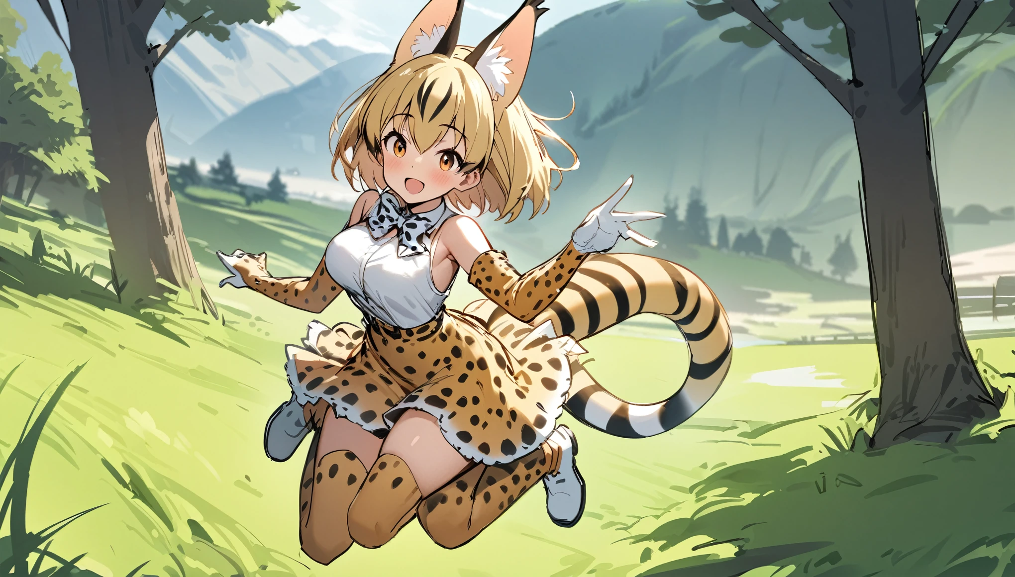  (masterpiece, best quality), serval (kemono friends), 1 girl, solo, breasts, looking at viewer, blush, smile, green eys, open mouth,short hair,  blonde hair, multi colored hair, jumping ,bangs, skirt, grass land, trees , mountain , shirt, thighhighs, gloves, bow, animal ears, bare shoulders,  tail, full body, white shirt, :d, boots, sleeveless, elbow gloves, bowtie, armpits, sketch, sleeveless shirt, white footwear,  white bow, extra ears, high-waist skirt, white bowtie, serval print, print skirt, print bow, print gloves, striped tail, print bowtie, two-tone bowtie
