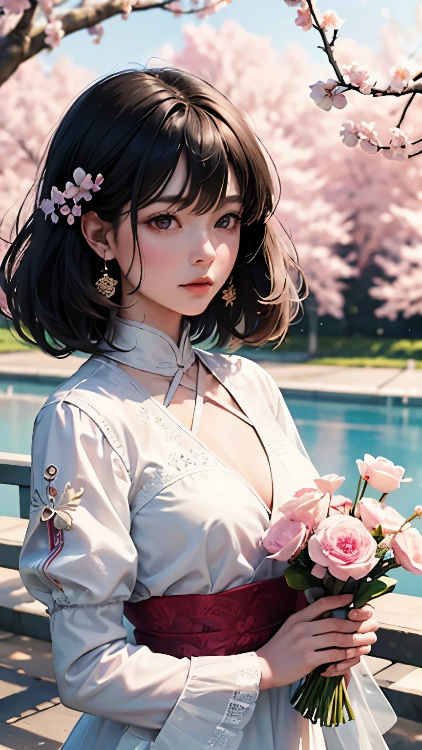 (logo、masterpiece、8K、table top、Raw photo、wonderful、最high quality、フォトリアリスティックでvery detailedな CG 統合 8k 壁紙、high quality、very detailed、Narrative poem、particle effects、dynamic effects、written boundary depth、cinematic light、Lens flare、ray tracing)、fantasy、 (1 beautiful woman、dress、dress、cherry blossom pattern、black haired、beautiful face、real face、beautiful details eyes beautiful skin)、髪がWindで踊る、Hair flutters in Wind、hair bounces、pink cherry tree、petals dance、SakuraFubuki、wonderful景色、sunrise、sun on background、Wind、