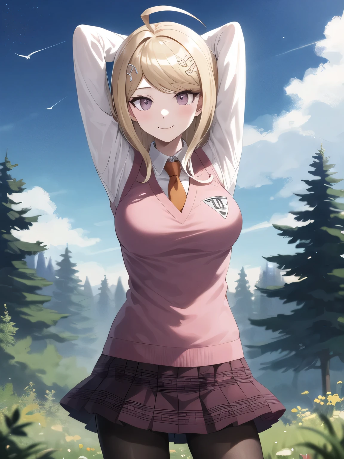 masterpiece, best quality, highres, aakaede, long hair, ahoge, hair ornament, breasts, , necktie, pink vest, sweater vest, collared shirt, long sleeves, pleated skirt, purple skirt, print skirt, pantyhose, closed mouth, solo, upper body, night sky, forest, arms behind head, contrapposto, spread armpits, smile, high quality, in the center, high quality,