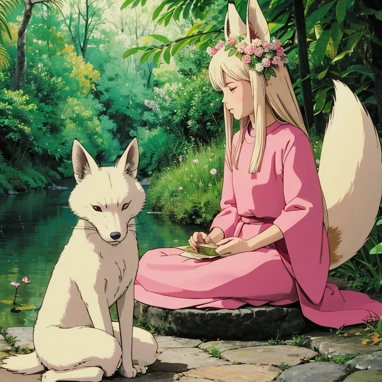 (best quality,4k,8k,highres,masterpiece:1.2),ultra-detailed,(realistic,photorealistic,photo-realistic:1.37),portraits,pastel colors,soft lighting,fantasy atmosphere,girl with fox ears and tail,peaceful garden setting,golden sunset,flowing cherry blossom trees,pagoda in the background,serene expression,traditional Japanese clothing,kawaii style,subtle makeup,divine aura,spiritual charm,gleaming fox mask,captivating gaze,delicate floral patterns,serene peacefulness,pure innocence,ethereal beauty,harmonious blend of nature and culture,gentle breeze rustling through the leaves,whisper of enchantment,symbol of tranquility]