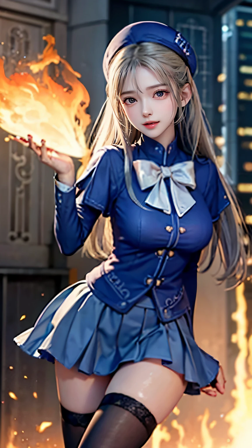 (very delicate and beautiful:1.2)super model,perfect shape,girl's,,Thighhighs,beautiful feet,beret,gentle expression,spoiled look,Innocent face,ミニskirt,big breasts,beautiful breasts,voluptuous,bike shorts,,masterpiece, highest quality, High resolution, 8K, , skirt, uniform, short hair, messy hair, blush, sexy pose, big breasts, sweating,, sweating, cityscape, vivid details, super detail, realistic skin texture, Surface details, Beautiful eyes in every detail, medium full shot, Girl holding a sword,flame background,smile,Look at your audience