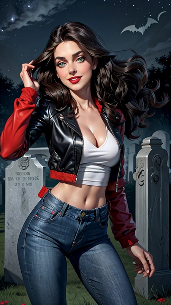 Woman, white skin, green eyes, black hair, wavy hair, straight hair, bangs, long hair, hair in the wind, cemetery at night, tight jeans, black boots, very low-cut blouse, white blouse, open jacket, red jacket, horror , great cleavage, smiling, looking at camera, red lips, athletic, bats in the sky, scary atmosphere, frontal shot. Alison Brie.
