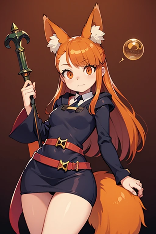 An orange haired female witch with copper eyes and hourglass figure with orange fox ears and an orange fox tail in a conservative lolita witch dress is playing with her wand