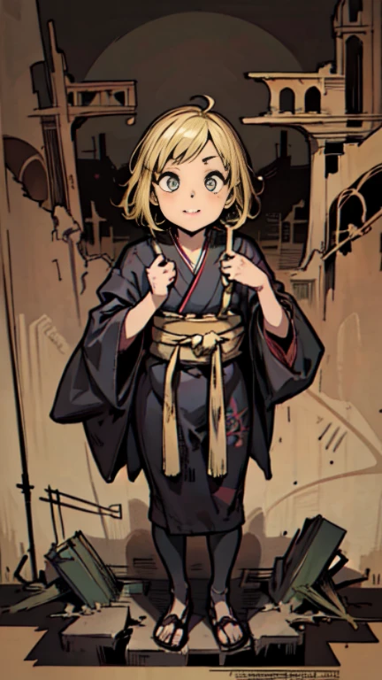 ((Blonde bob-haired girl in black kimono))、((ruins)), ((punk band poster)),cartoon style, Horror elements, Comic book style illustrations, (drawing style), full body (Spooky), Japanese carving, primitive art, circus, crazy illustration, flat illustration、small eyes
