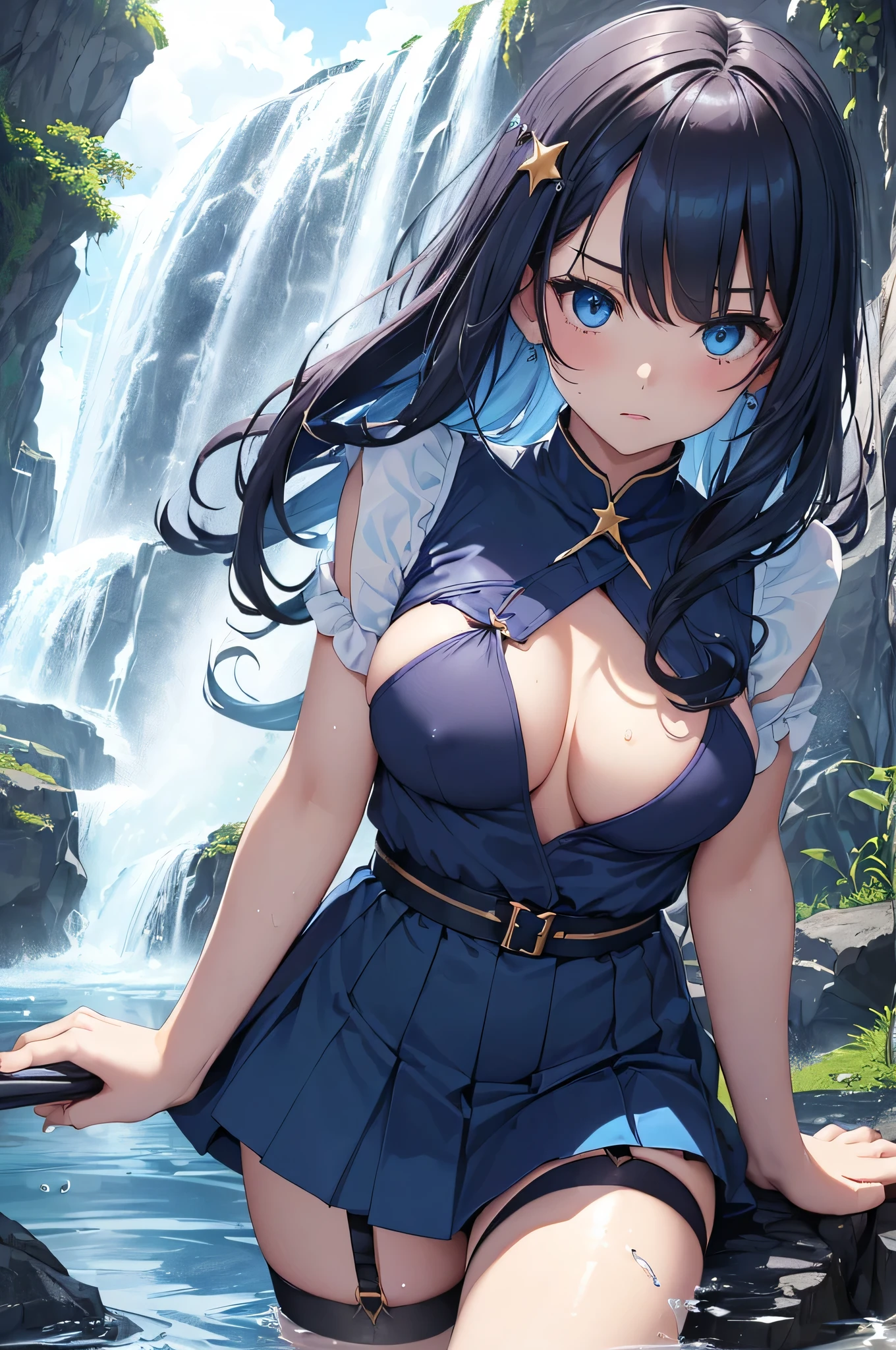 最high quality、best image quality、masterpiece、Curvy but slender body、perfect eyes, perfect face,exact number of fingers、Exact number of legs、Exact number of armature Woman((Bust 105,beautiful blue eyes、1 girl、Milking(self)、expose one's 、produce 、beautiful 、beautiful ( :1)、 look、, 、high socks、Light blue and short hair（Inward-curling hair）、Slender、big valley、Dark blue garter belt、navy short skirt、Show the whole body、black wristband on wrist、star-shaped hair ornament、red face、Slippery texture、Aura of water、Drain water from hands)）high quality、beautiful art、With background((clear blue sky、Tornado in spring water、Water Waterfall、Water tornado、Strong water flow、water dragon)))table top、visual art、Depth of the bounds written、