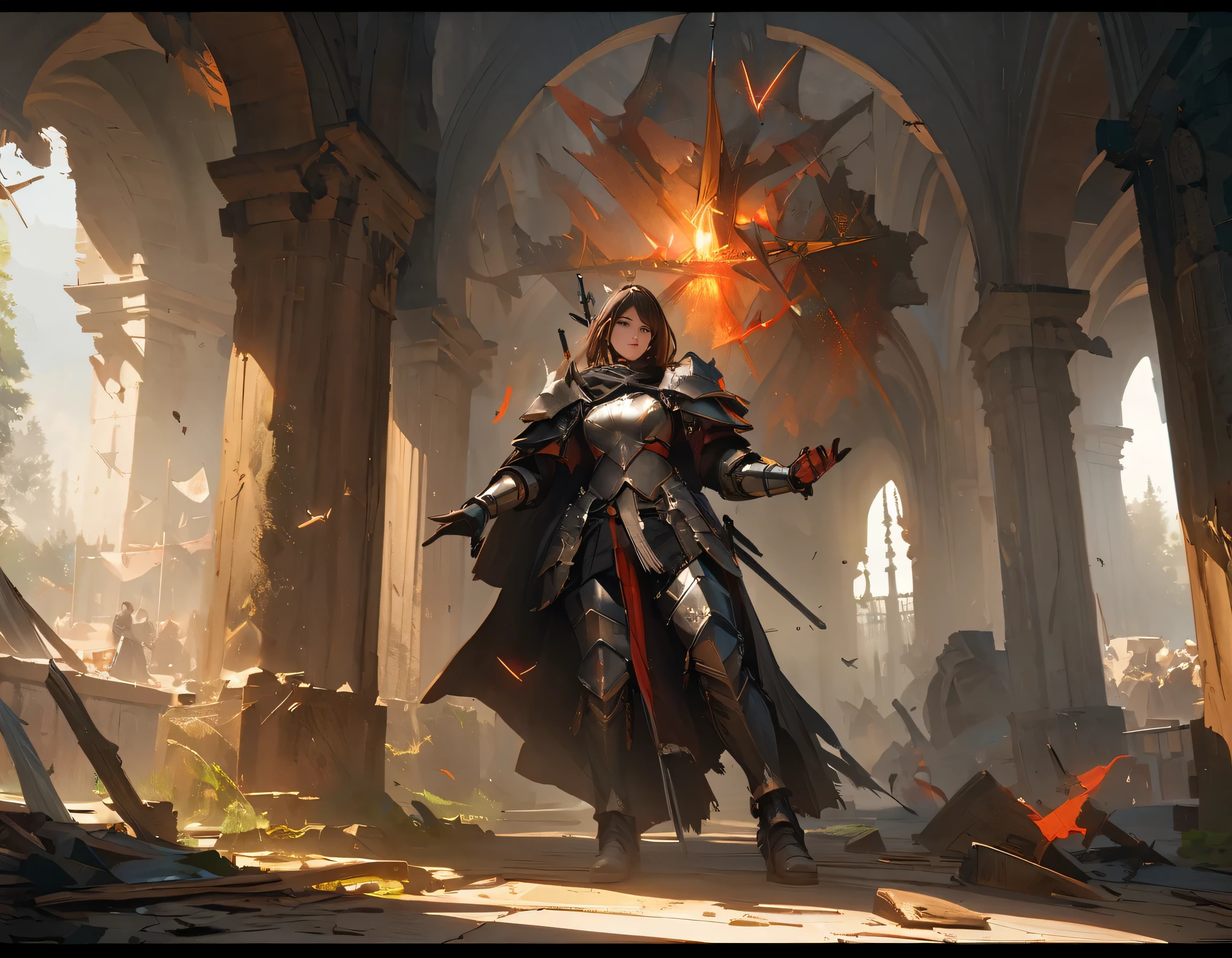 Arknight, Doctor,Knight in detailed silver armor with double-edged sword in right hand, volumetric light, oil painting, 16mm, low angle filmed around a large medieval hall with columns. Arte de Yoji Shinkawa, symmetrical Qireatár iris, approaching perfection, forma pura, minimalista, isometric, arte conceitual de Brian Froud, de Carne Griffiths, de Wadim Kashin, de John William Waterhouse, detalhes intrincados, 8k post production, high resolution, TanvirTamim, hiperdetalhado, trends in artstation, sharp focus, studio photo, detalhes intrincados, altamente detalhado, por greg rutkowski