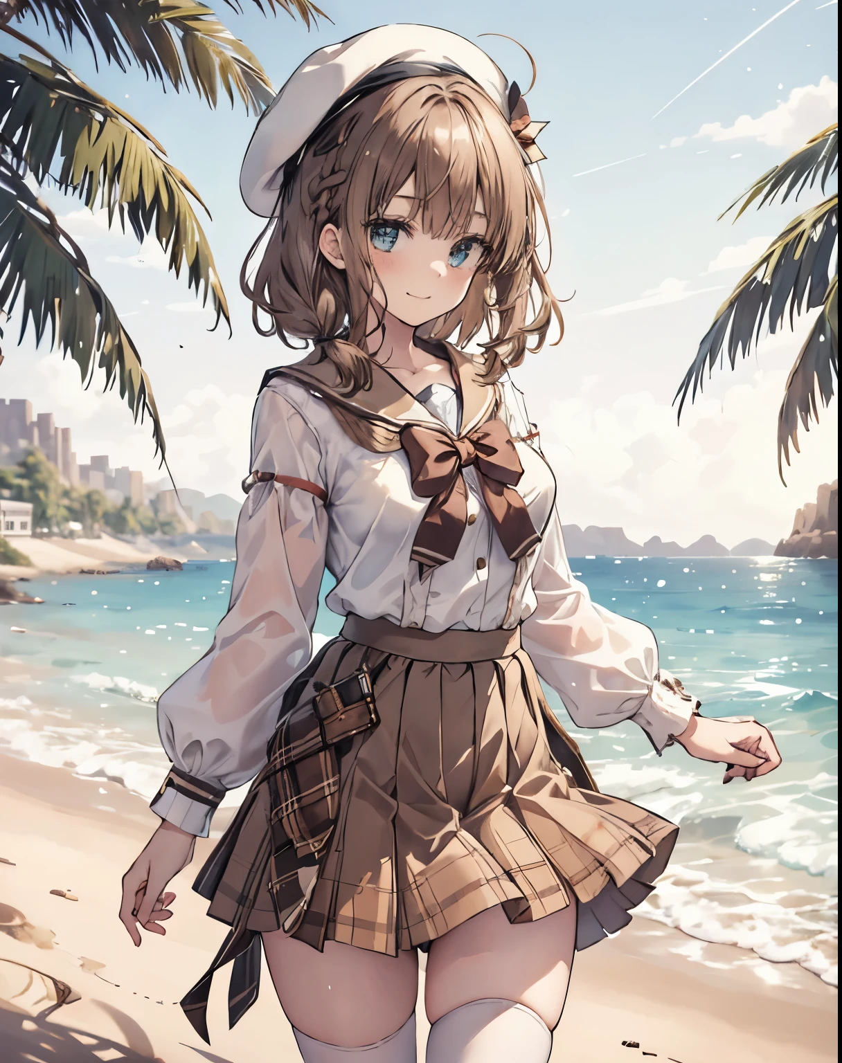 masterpiece, 1girl, sparrow, a brown haired girl, wearing a white sailor clothes, curly medium hair, messy hair, slim body, he close her left eye, shirt ornament, aqua eyes, sho show her back, ahoge, baby face, big breast, beautiful breasts, rounded breasts, braid hair, beret, long sleeves, beautiful eyes, white stocking, droopy eyes, miniskirt, brown skirt, plaid skirt, her age is 19 years old, beret, seductive smile, beach, bowtie, sailor collar, pleated skirt