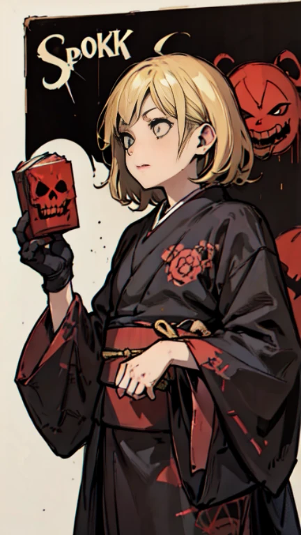 ((Blonde bob-haired girl in black kimono))、((ruins)), ((punk band poster)),cartoon style, Horror elements, Comic book style illustrations, (drawing style), full body (Spooky), Japanese carving, primitive art, circus, crazy illustration, flat illustration、small eyes
