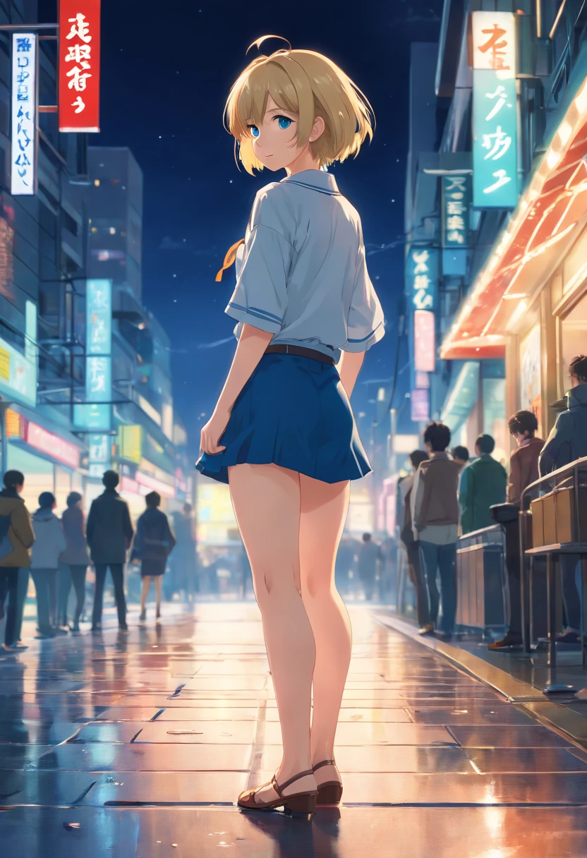 (best quality,4k,8k,highres,masterpiece:1.2),ultra-detailed,(realistic,photorealistic,photo-realistic:1.37),portraits,blonde girl (,young,attractive:1.1),blue eyes,short hair,entire body,naked back,legs raised on heels,looking back,smiling,night scene,wet floor