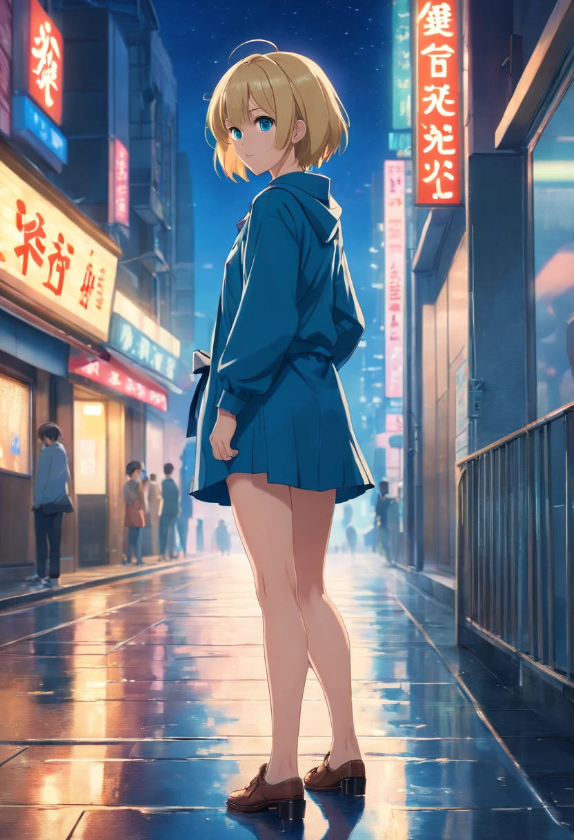 (best quality,4k,8k,highres,masterpiece:1.2),ultra-detailed,(realistic,photorealistic,photo-realistic:1.37),portraits,blonde girl (17 years old,young,attractive:1.1),blue eyes,short hair,entire body,naked back,legs raised on heels,looking back,smiling,night scene,wet floor