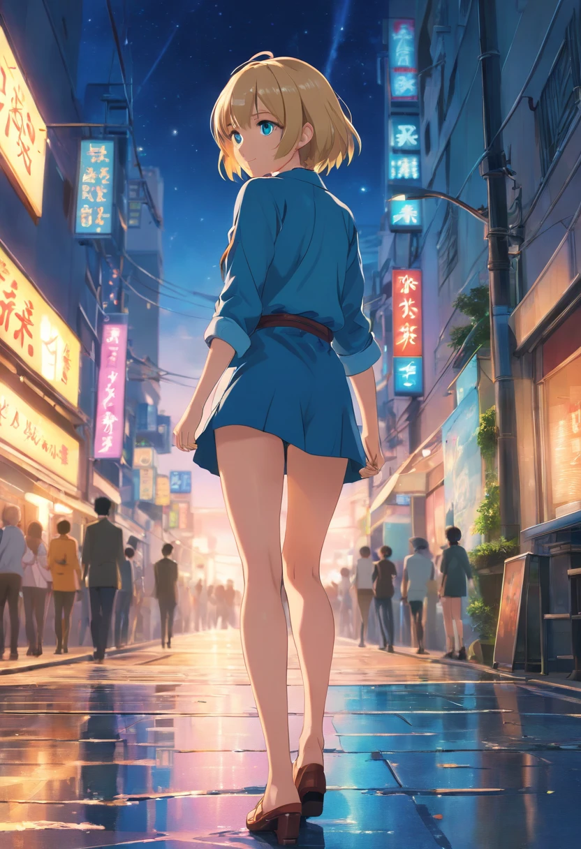 (best quality,4k,8k,highres,masterpiece:1.2),ultra-detailed,(realistic,photorealistic,photo-realistic:1.37),portraits,blonde girl (17 years old,young,attractive:1.1),blue eyes,short hair,entire body,naked back,legs raised on heels,looking back,smiling,night scene,wet floor