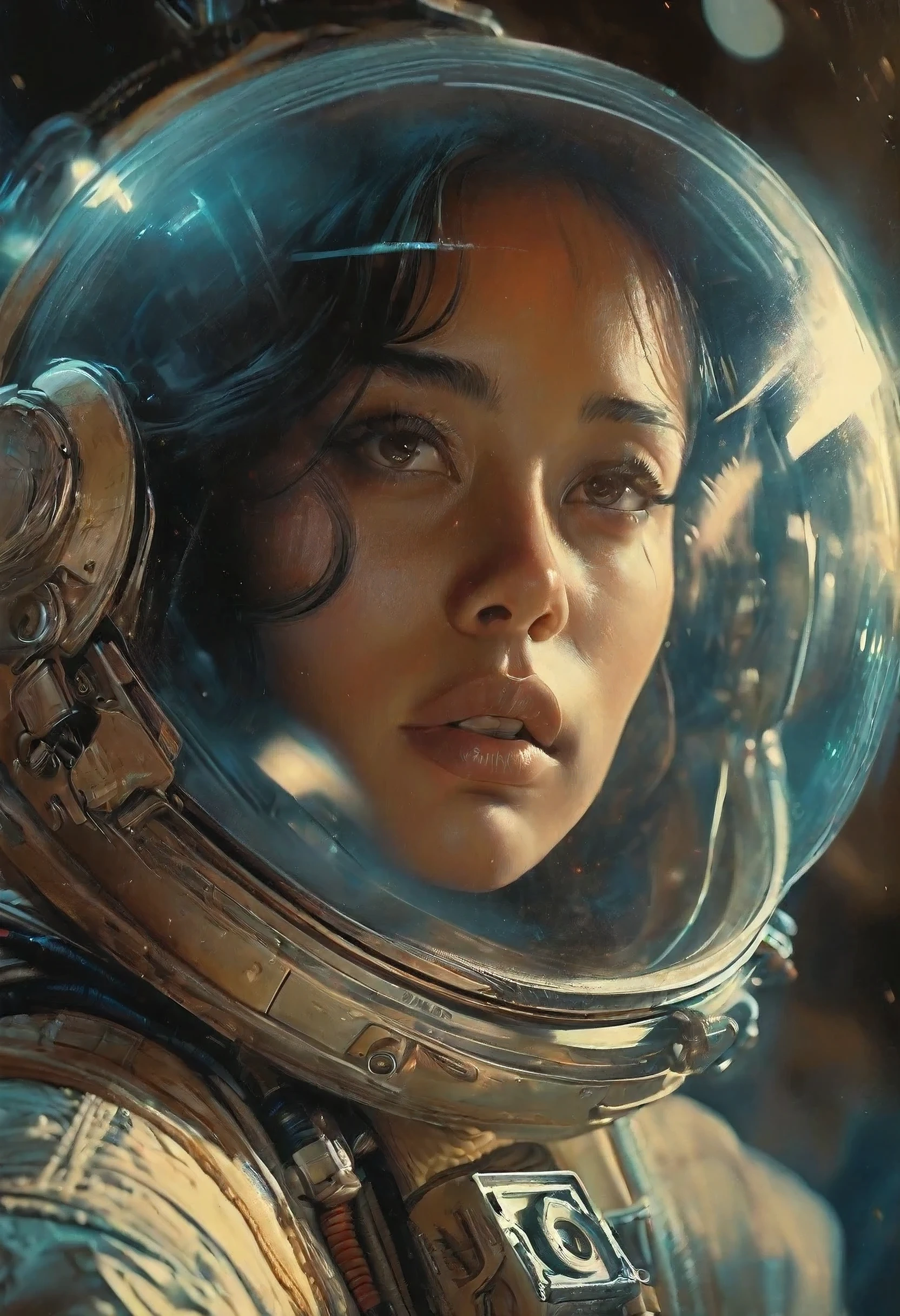 vintage spaceage by Ed Mell and Russ Mills, (luminar, vivacious, masterful:1.4), poster art, bold lines, hyper detailed, expressive, award winning, (scenery:1.4), (intricate details, masterpiece, best quality:1.4), ring light, looking at viewer, dynamic pose, wide angle view, atmospheric haze, film grain, cinematic film still, highly detailed, high budget, cinemascope, moody, epic, overall detail, gorgeous, 2000s vintage RAW photo, photorealistic, candid camera, color graded cinematic, eye catchlights, atmospheric lighting, skin pores, imperfections, natural, shallow dof