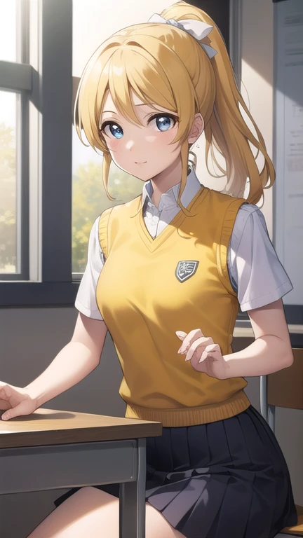eliayase, eli ayase, yellow hair, blue eyes, ponytail, hair ribbon, 
BREAK otonokizaka , pleated skirt, , short sleeves, skirt, summer uniform, sweater vest, (yellow sweater vest:1.5),
BREAK looking at viewer,
BREAK indoors, classroom, 
BREAK (masterpiece:1.2), best quality, high resolution, unity 8k wallpaper, (illustration:0.8), (beautiful detailed eyes:1.6), extremely detailed face, perfect lighting, extremely detailed CG, (perfect hands, perfect anatomy),