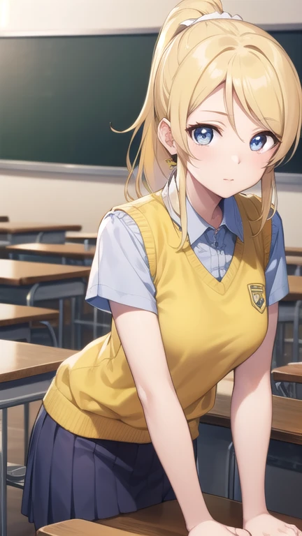 eliayase, eli ayase, yellow hair, blue eyes, ponytail, hair ribbon, 
BREAK otonokizaka , pleated skirt, , short sleeves, skirt, summer uniform, sweater vest, (yellow sweater vest:1.5),
BREAK looking at viewer,
BREAK indoors, classroom, 
BREAK (masterpiece:1.2), best quality, high resolution, unity 8k wallpaper, (illustration:0.8), (beautiful detailed eyes:1.6), extremely detailed face, perfect lighting, extremely detailed CG, (perfect hands, perfect anatomy),