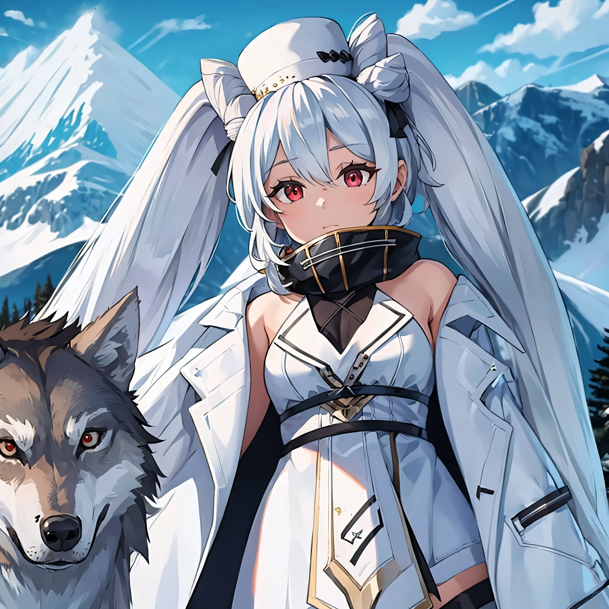 A girl wearing a white cold military dress, a white cold coat, long silver hair, long pigtails, a white cold military hat, red eyes, bangs in one eye, with a gray wolf nearby, in an open area with climate cold, ice mountains in the background, during the day.(just a girl, solo)ultra resolution, very detailed, HDR, masterpiece, 8K hd
