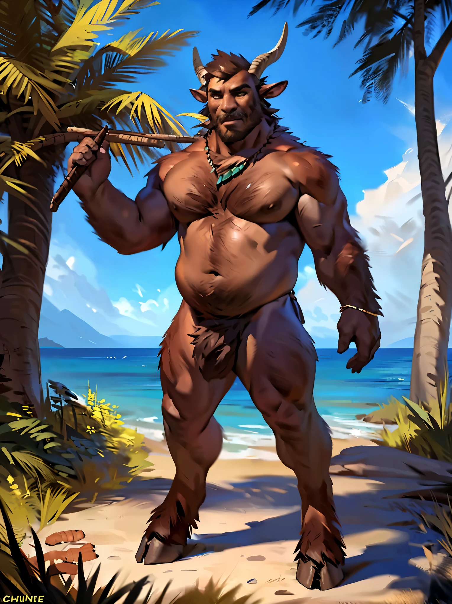 (by taran fiddler), (by chunie), satyr, faun, 60 yer old man, muscular, chubby, hairy body, hairy chest, wide hips, pubic fur, goat legs, facial hair, hooves, human face, human torso, tribal jewelry, tribal body paint, mostly naked, ocean, trees