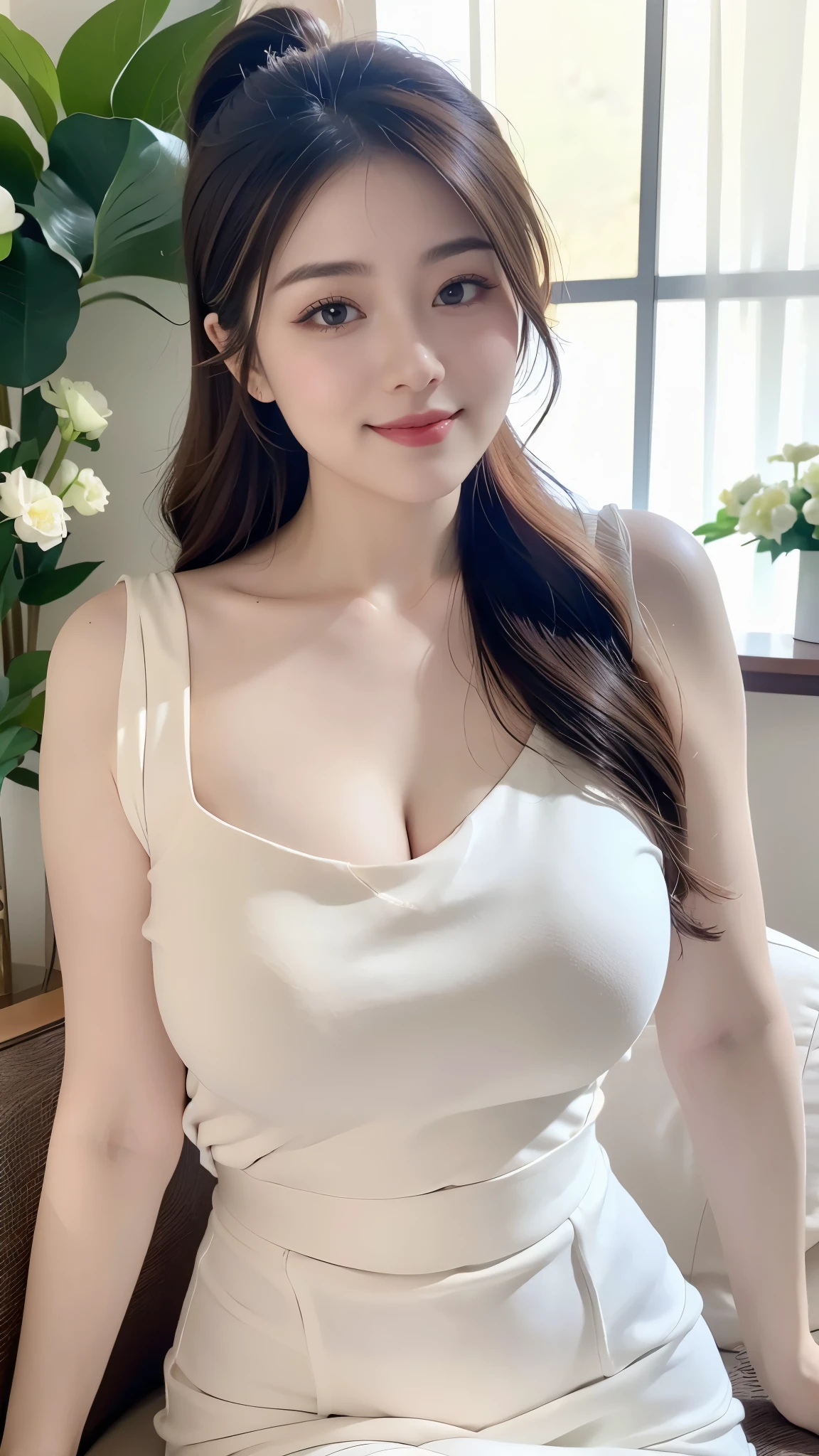 Draw lips correctly, lipstick, De la poitrine vers le haut, best quality, super detailed, Realistic, Peau ultra fine, anatomie parfaite, (1 Japanese mature woman), (seul)，Porter une robe col rond haut de gamme vert fleuri，manches courtes，Long wavy hair，femme de 27 anature，sourire charmant，fond de jardin，rester，visage rond， hair tied in ponytail，Le corps est un peu gros，buste moyen，tir de tout le corps