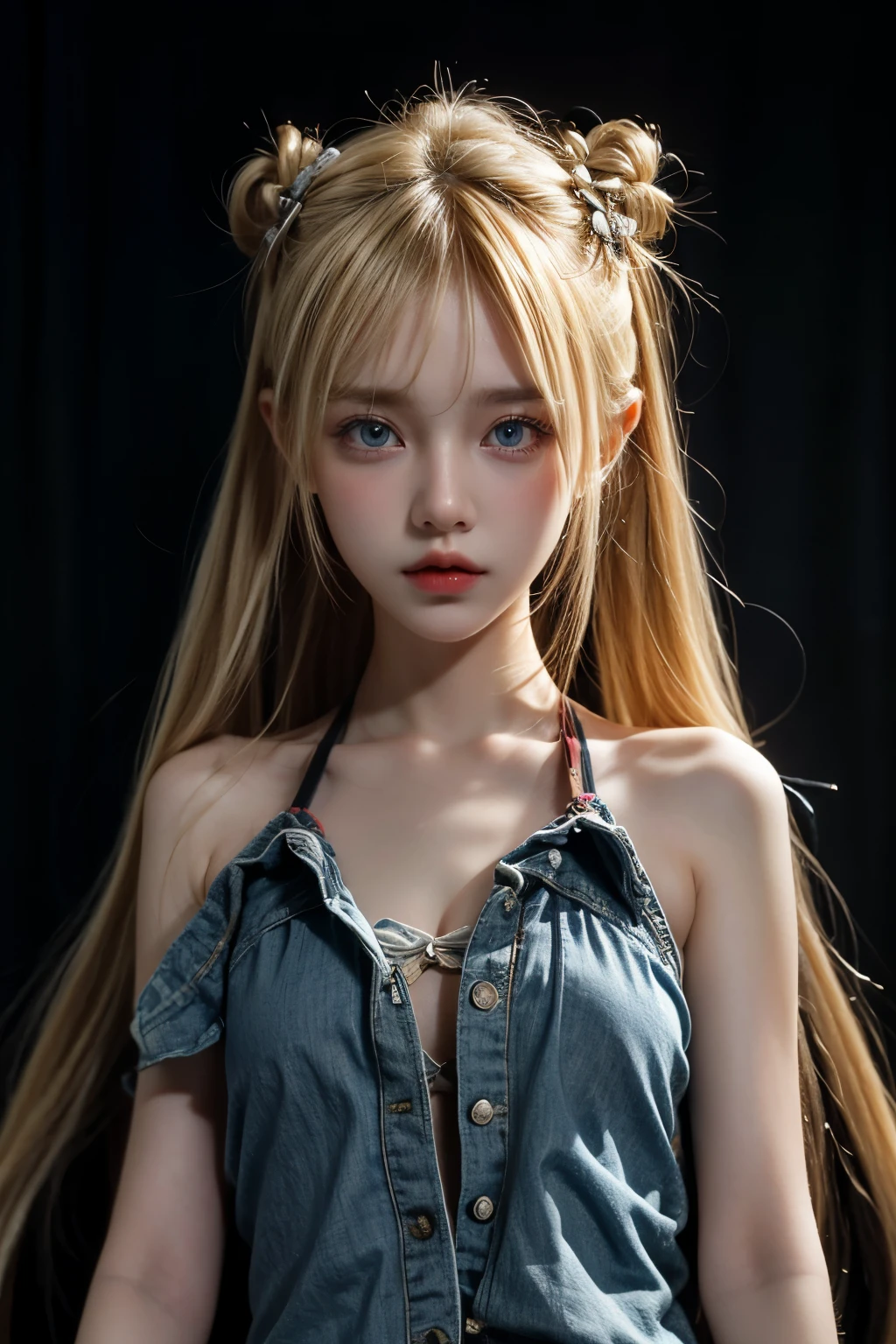 1 girl, blonde hair, pointed ears, blue eyes, Rotten clothes, alone, hair accessories, hairpin, long hair, looking at the audience, lips, Upper body,Show your shoulders,