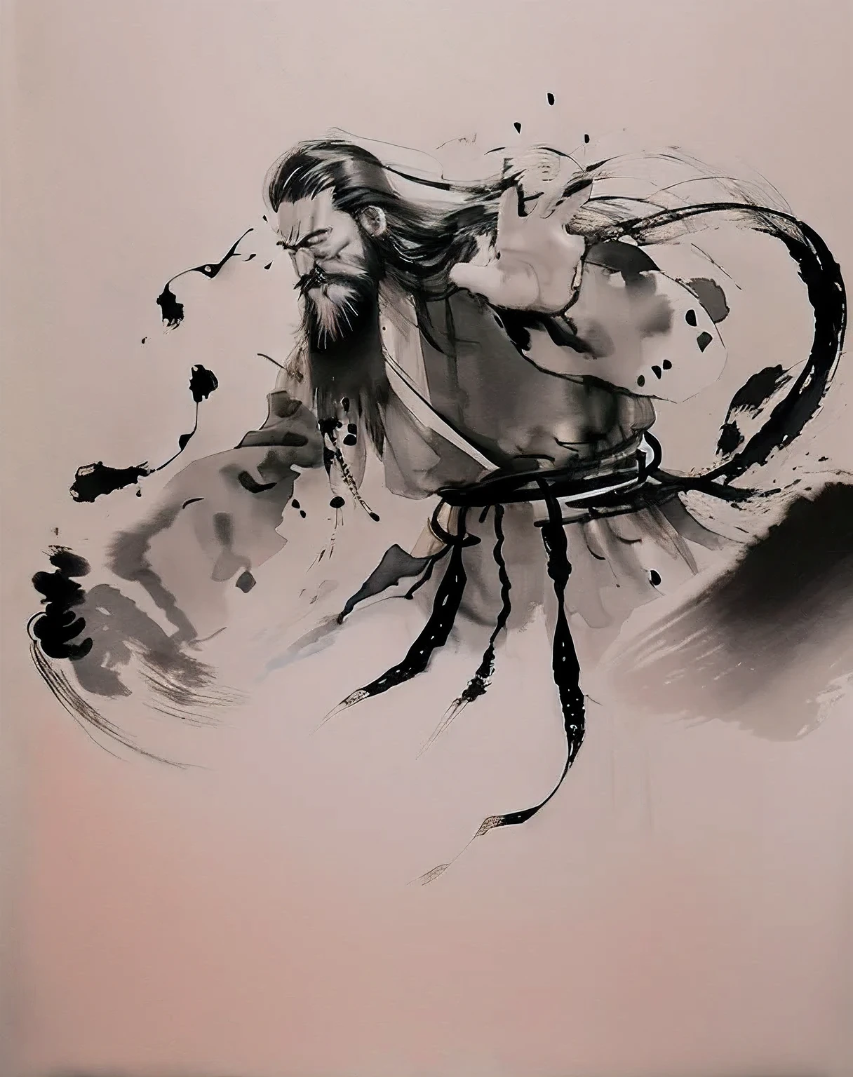 zydink, monochrome, ink sketch, asian (middle age man), (long beard, facial hair), fighting stance, looking at viewer, long hair, floating hair, hanfu, japanese clothes, long sleeves, (abstract ink splash:1.2), white background