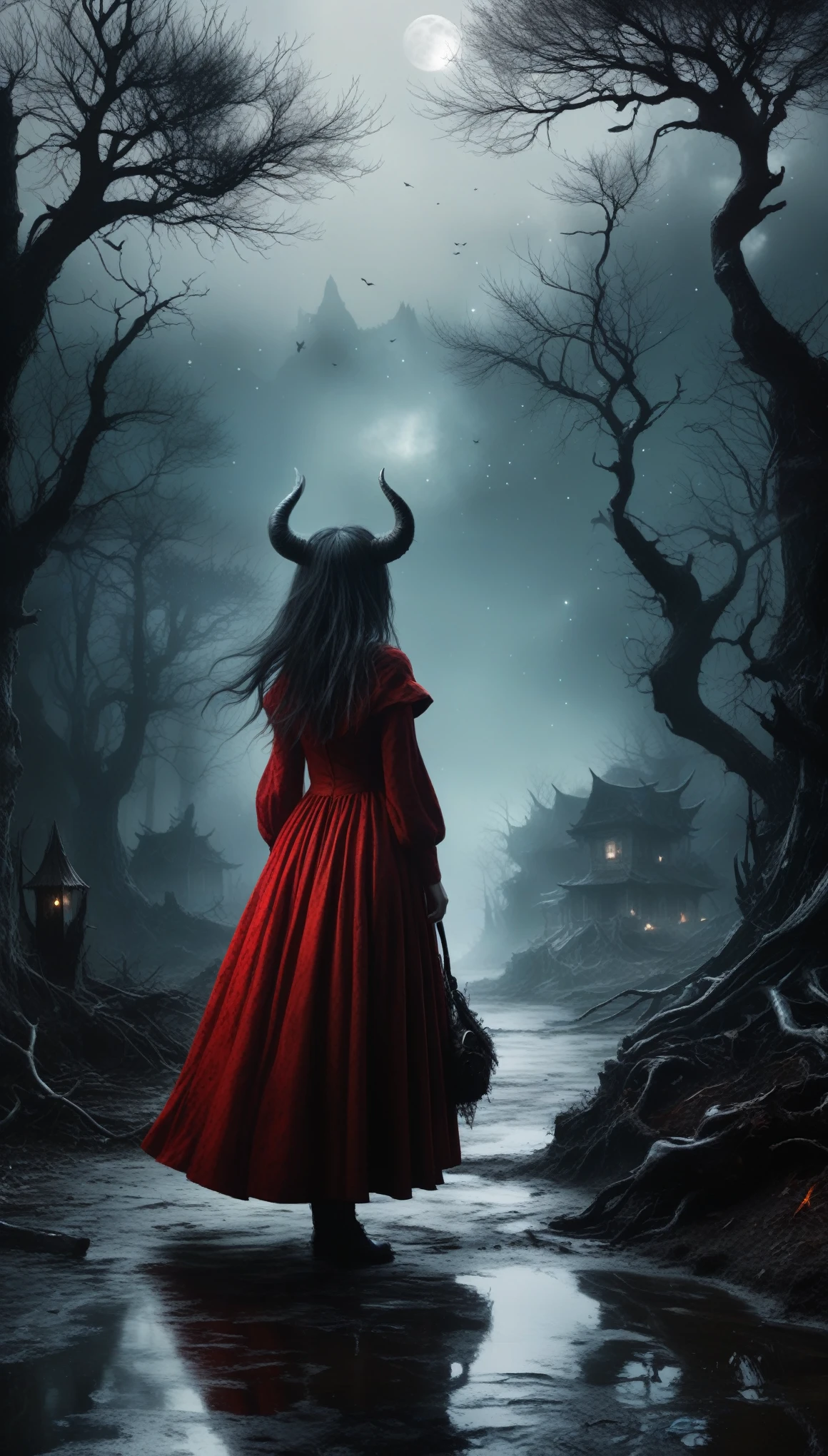 (orc:1.5),(devil theme:1.5),(dark horror theme:1.5),(thriller:1.5),(inspiration from Stephen King:1.5),(dark fantasy:1.5), (ink and watercolor painting:1.5), (black and white color:1.5), (ominous landscapes:1.5),(A large number of stars fly towards the viewer:1.5),(ruined:1.5),(ruined village:1.5),(1800s:1.5), (ruined theme:1.5),(lots of flying dust:1.5),(puddle:1.5),(Unpaved roads:1.5),(absurderes:1.5),(fantastic:1.5),(best quality:1.5),(masterpiece:1.5),full body length,Quartz Lepidolite girl in red dress,pretty face,full body shot,ominous landscape,Fluorite chrysocolla atmosphere,by art Simon Stalenhag,Nicola Samori,Wangechi Mutu,prime colors,extremely detailed,masterpiece,intricate details,faded,eyes extremely detailed, high detailed eyes,4k resolution,RAW, Nikon Z9,scary town,full body length,evil ghost, Winnie-the-Pooh Iridescent,intricate details,Stone Forest in Yunnan Province of China,ultra-detailed,dark and eerie atmosphere, ethereal presence, hauntingly beautiful, ghostly figures, swirling mists, supernatural entities, demonic essence, shadowy forms, eerie whispers, sinister aura, hauntingly pale skin, dark and twisted branches, flickering candlelight, macabre elements, mysterious and enigmatic, spectral apparitions, gothic art style, hauntingly captivating, spectral realm, hauntingly melancholic, otherworldly beauty, ethereal glow, hauntingly haunting, chilling and atmospheric, eerie and ominous lighting.Female tree man,Impresionismo,starlight color,Fantastic lighting,Ethereal atmosphere,otherworldly charm,Mystic aura,Glowing flowers,floating petal,majestic vines,Glowing Leaves,with a calm expression,Complicated details,Exquisite features,petals in her hair,Light of the sky,harmonious colorystic energy,Surreal atmosphere,Amazing Cleavage,Sublime art,vibrant tones,captivating creation,