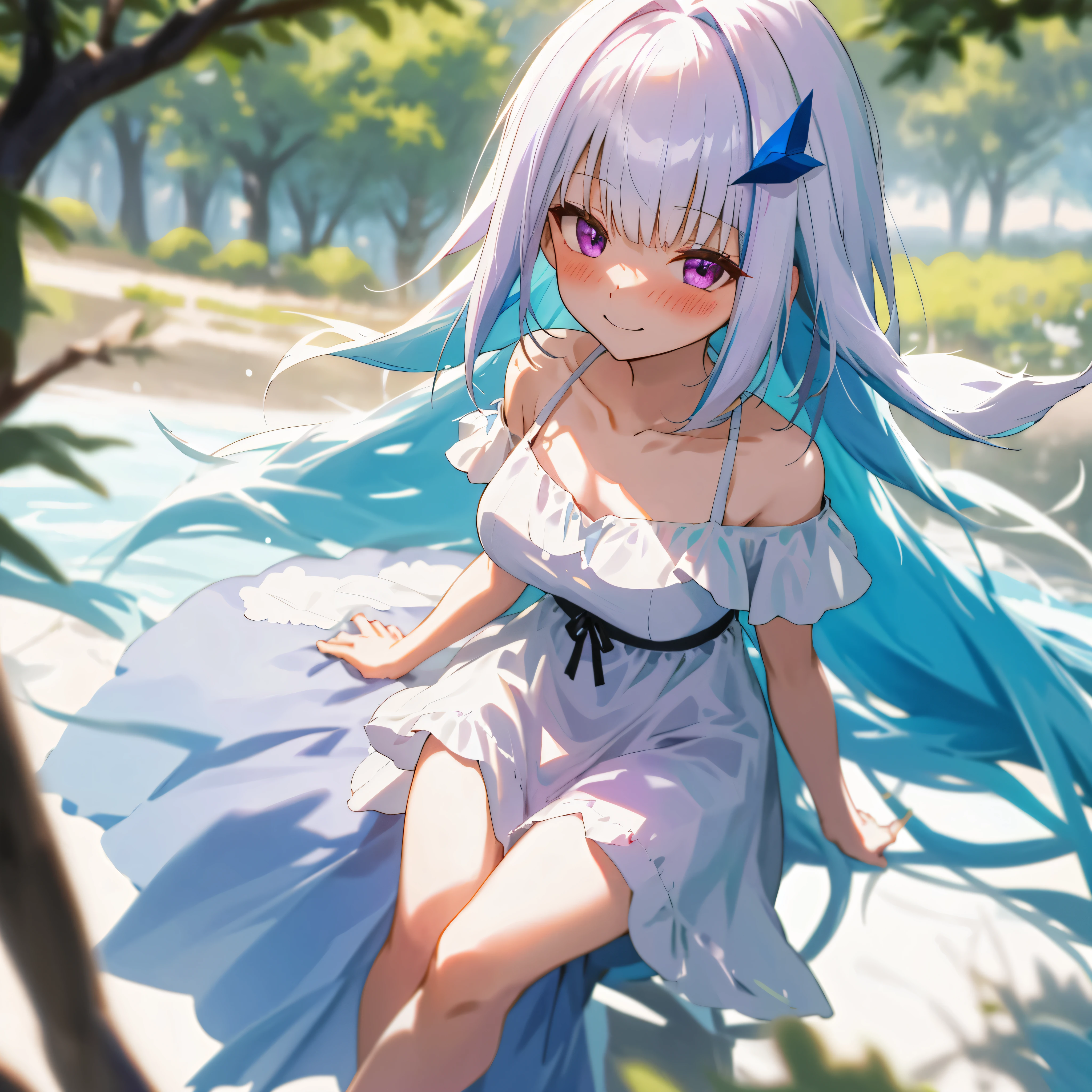 One girl with long hair, bangs, white hair, blue inner hair:1.25) , purple eyes, looking at viewer, blushing, little smile, outdoor, tree, sitting, white dress, bare shoulders, collarbone, short sleeves, bare legs, mid-chest, day atmosphere, hair ornament, medium breasts, focus, blurry background, 