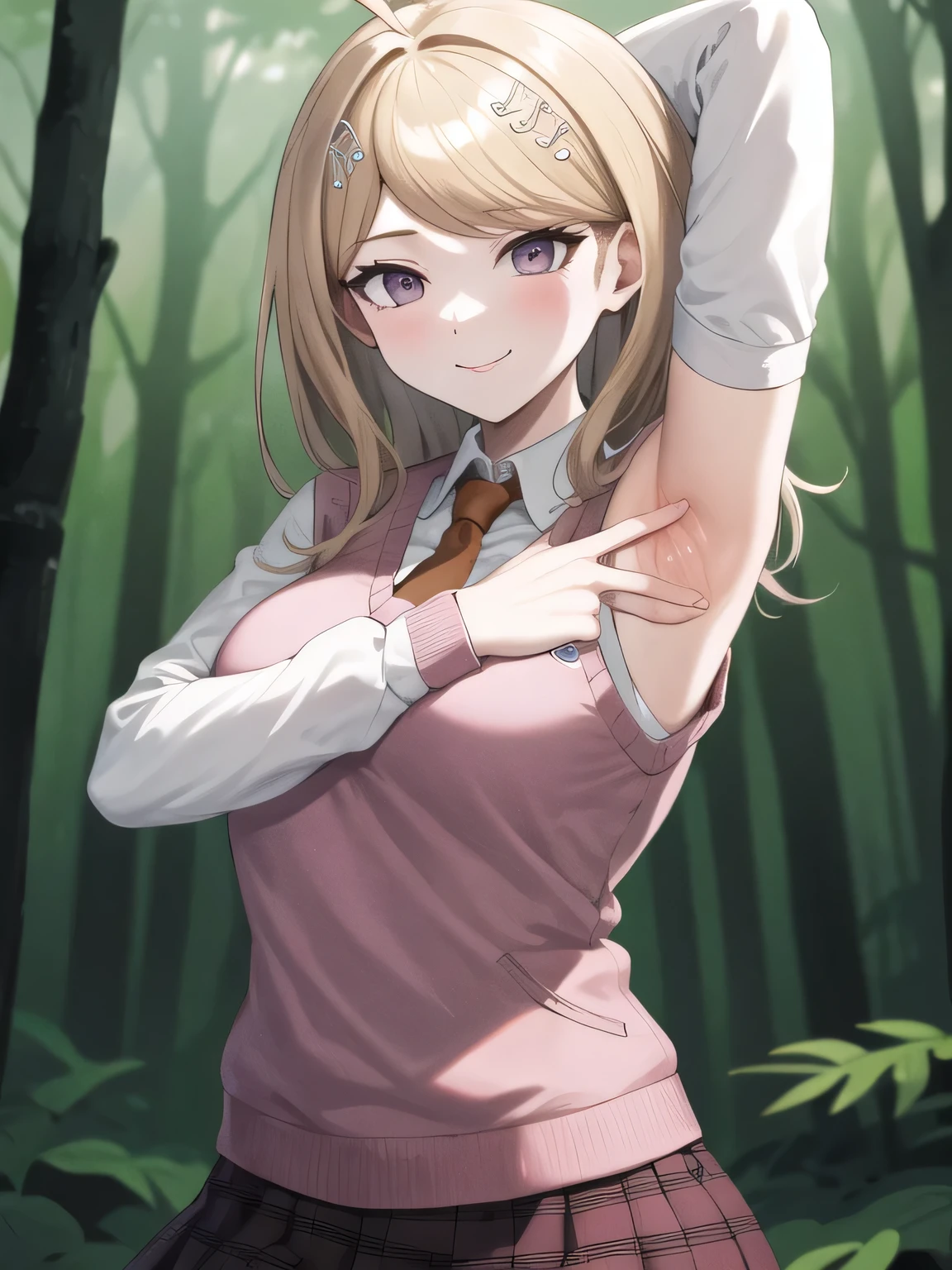 masterpiece, best quality, highres, aakaede, long hair, ahoge, hair ornament, breasts, , necktie, pink vest, sweater vest, collared shirt, long sleeves, pleated skirt, purple skirt, print skirt, pantyhose, closed mouth, solo, upper body, night sky, forest, arms behind head, contrapposto, spread armpits, smile, high quality, in the center, high quality,