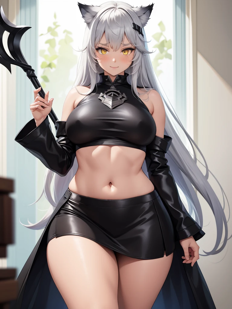 8K, Full body portrait, single young woman, especially detailed face, masterpiece, wallpaper, highlydetailed face, ultra-detailed face, beautiful and aesthetic wolf tailed girl, athletic body, pale white skin, big breasts, curvy, long hair, gray-silver hair, a young cute wolf woman, wolf ears, cute wolf tail, long wolf tail, fluffy wolf tail, wolf-like irises, beautiful, enchanting, bright yellow eyes, detailed eyes, ultra-detailed eyes, accurate eyes, detailed irises, correct body proportions, elegant, small vertical scar under right eye, small rosy lips, big breasts, slender elegant arms, pretty hands, detailed hands, charming, slight blush, shy smile, black edgpshorts with stylish metal chains and a black top, detached sleeves, light black armor, armored long bike shorts and skirt on top of them, two piece outfit, black armored fur cloack, black metal armor, silver metallic ornaments, bare off shoulders, toned abs, exposed belly, standing pose, cute pose, black thighigh on left leg, sole girl