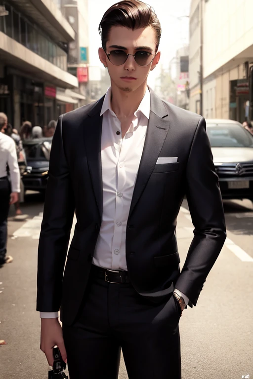 Um homem jovem elegante com uma postura confiante, wearing a well-tailored suit and sunglasses. Her brown hair is slicked back with precision., revelando um olhar inseguro em seus olhos. Ele carrega uma aura de riqueza e poder, contrasting with the dark and chaotic world of Chainsaw Man.
