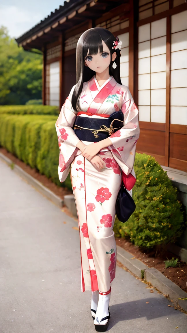 4K,（highest quality）, excellent detail,masterpiece,anime, super high resolution,Closer look at the eyes, best illustrations, Highly condensed 1girl, （very delicate and cute face）,Chest is small,black hair，（（medium long hair））,,,（A red kimono with a floral pattern）,,,,,My age is ************,(Japanese-style house)，,（Set in a beautiful garden）,（Full body shot）