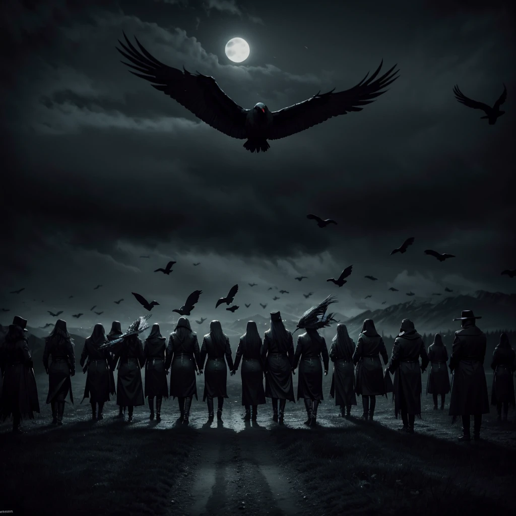 a flock of crows soaring in the dark sky, glossy feathers shining in the moonlight, eerie and mysterious atmosphere, (best quality, highres, masterpiece:1.2), ultra-detailed, realistic:1.37, sharp focus, intense contrast, black and white photography, dramatic lighting, horror, gothic style, hauntingly beautiful.