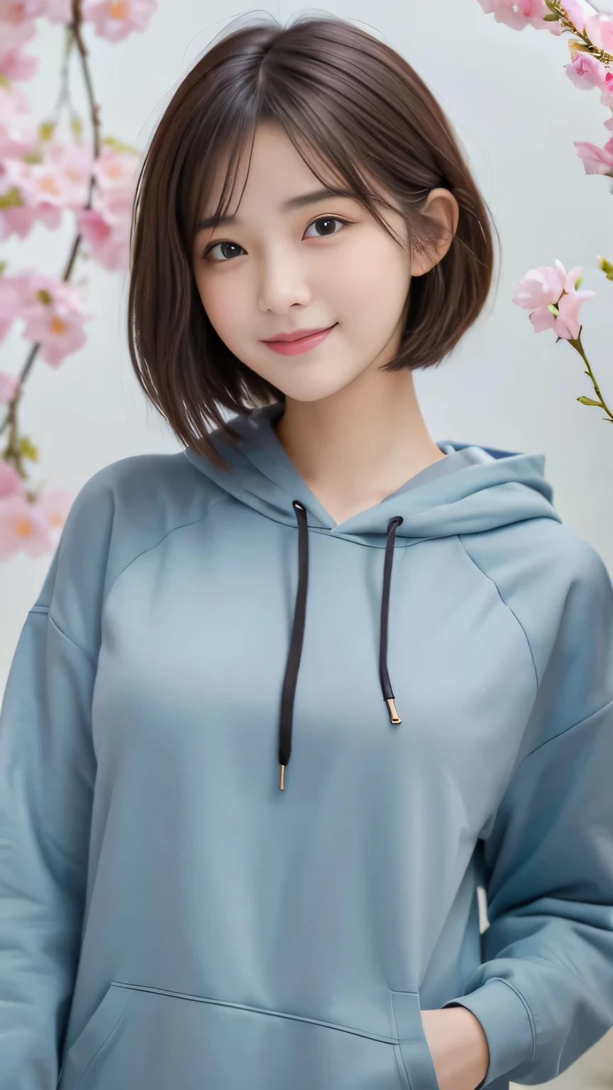 masterpiece、best quality、illustration、 Super detailed、fine details、 High resolution、8K Dende Wallpaper、perfect dynamic composition、19 year old cute college girl、sweet girl、detailed beautiful face、detailed cute eyes、textured skin、modest smile、short cut hair、small breasts、spring hoodie、bold sexy pose、